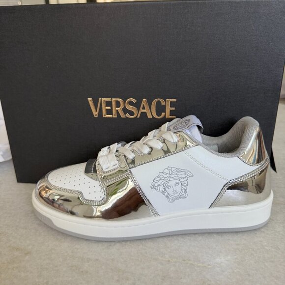 Versace Medusa White Leather Men's Sneaker Shoe, 1013377, Silver patent leather - Picture 3 of 13